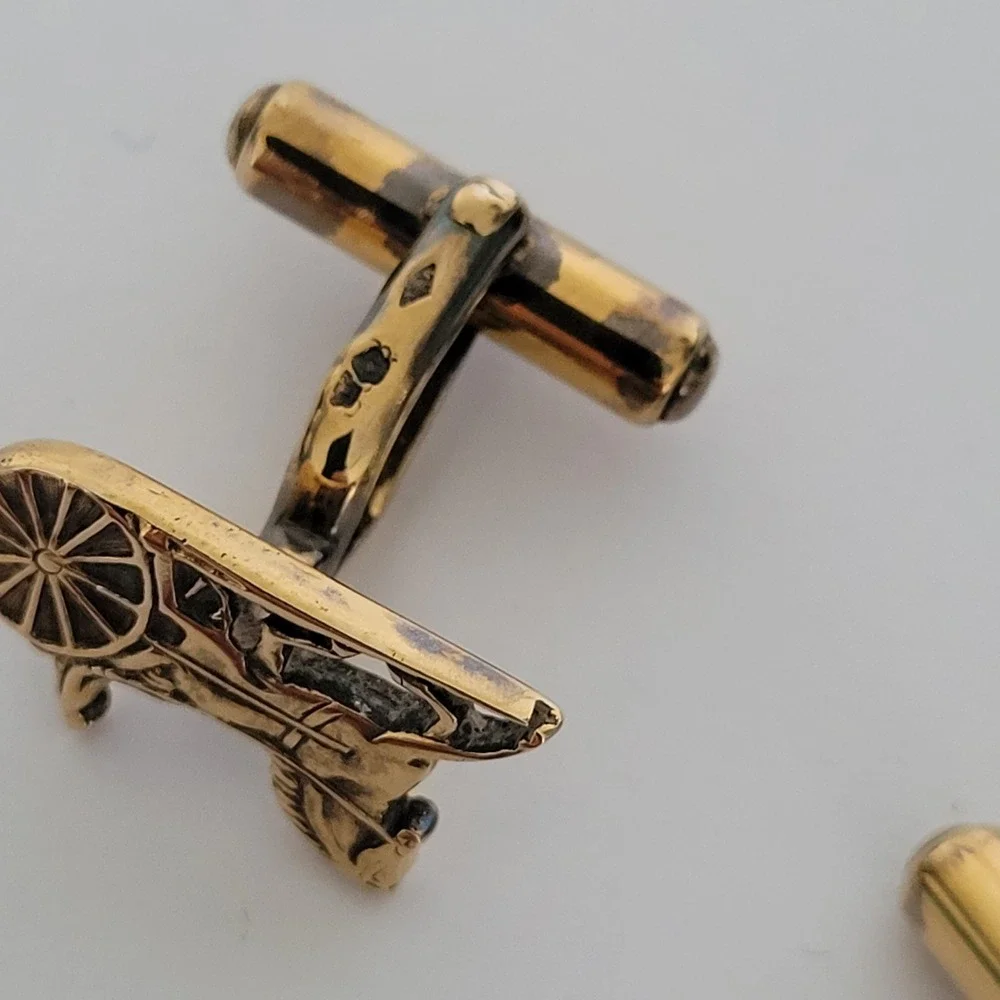 Celine Paris Vintage Horse Carriage Cufflinks Gold Tone Sterling Silver Argent